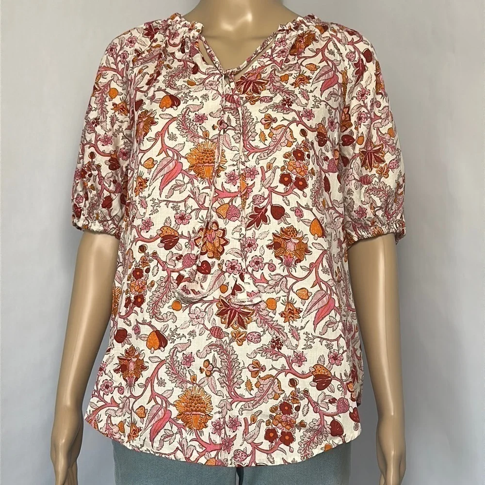 Knox Rose White Top Blouse Floral Pink Red Orange Flutter Sleeve - Picture 1 of 7